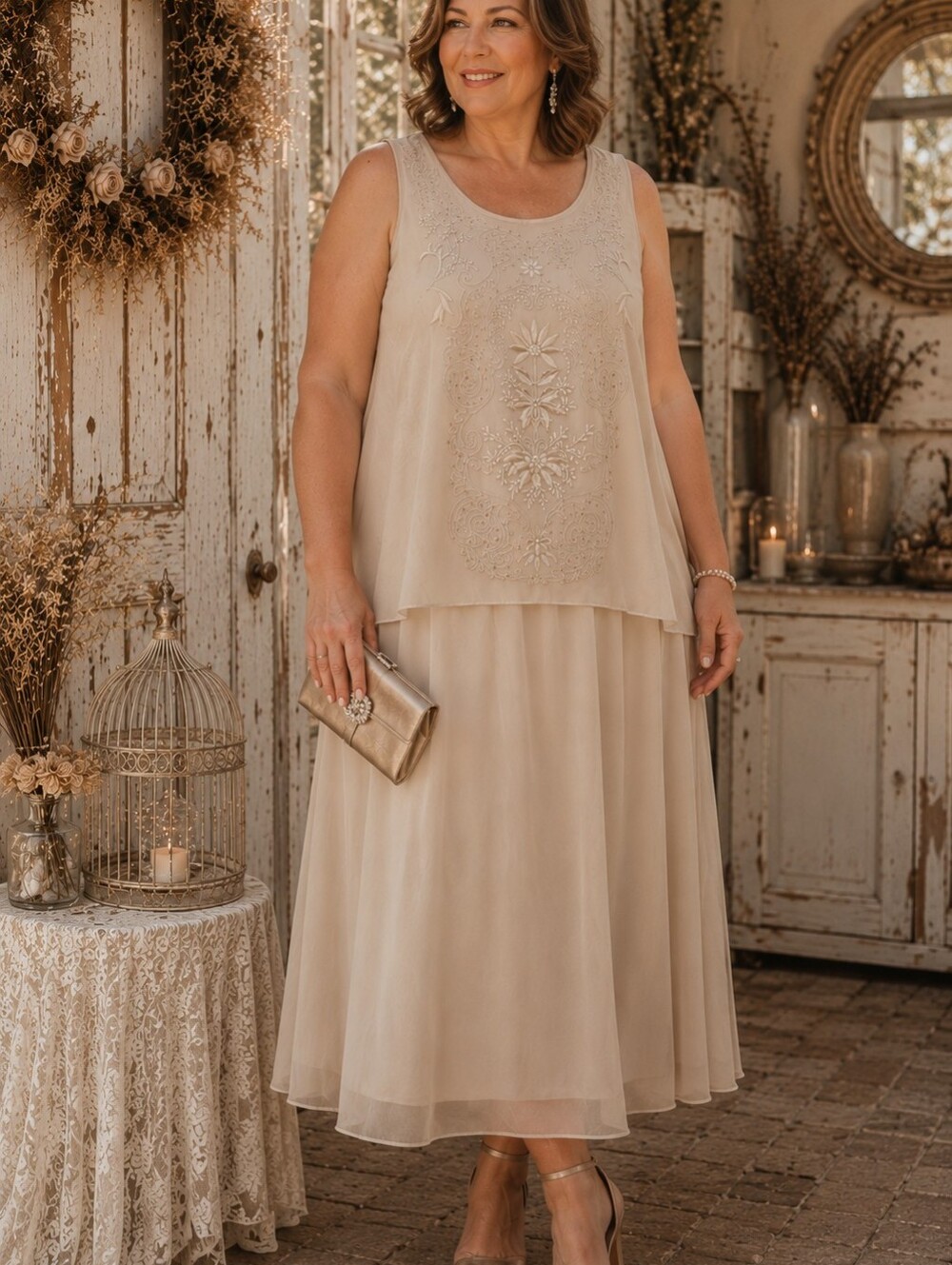 Embroidered Sleeveless Champagne Midi Dress SZ 16W